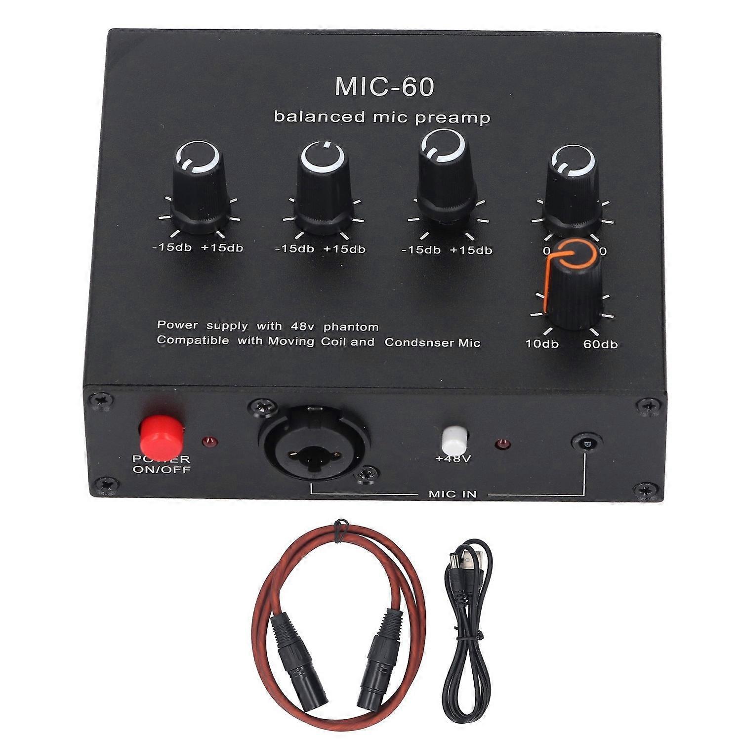 Microphone Preamp 3.5mm 6.5mm XLR Interface 60db Gain 48V Phantom Power Dynamic Condenser Mic Amplif