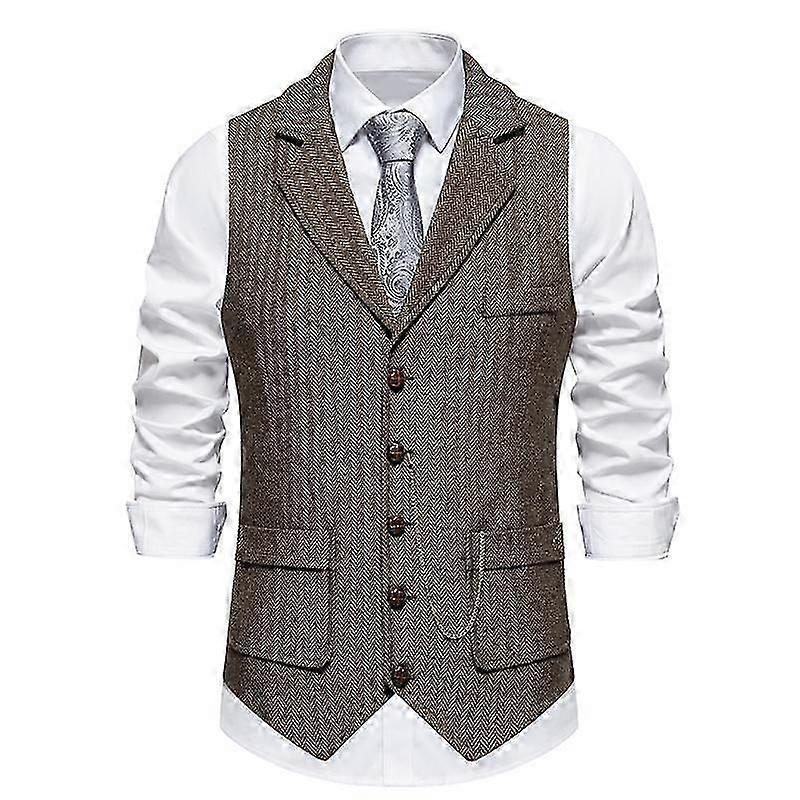 Herringbone tweed suit vest for men with lapel chain