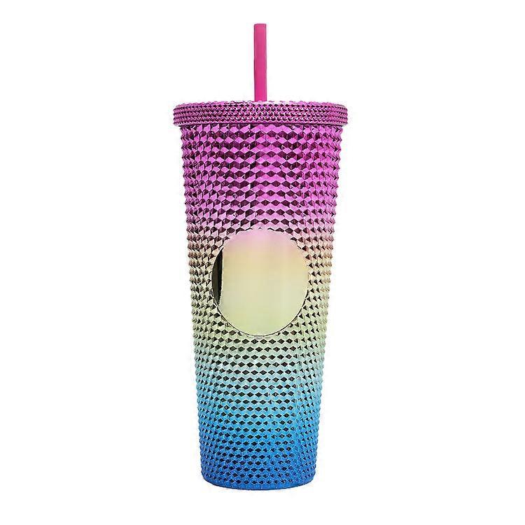 Electroplated gradient rose red and blue 701-800ml double-walled plastic straw cup, large capacity, creative design, electroplated gradient