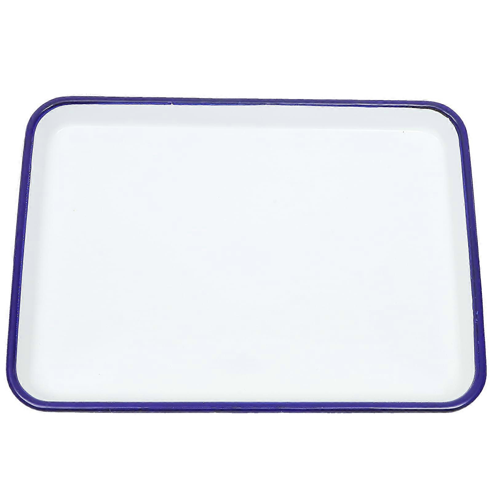 Enamelware Tray White with Blue Rim Rectangular Palette for Watercolor Painting and Food Serving 26x18cm