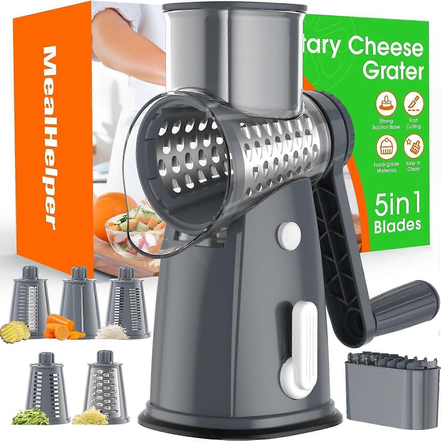 5 Blade Rotary Cheese Grater Hand Crank with Storage Box, Vegetable Chopper, Cheese Shredder for Cheeses, Veggies, Nuts - Easy to Use, Non-slip Sucti