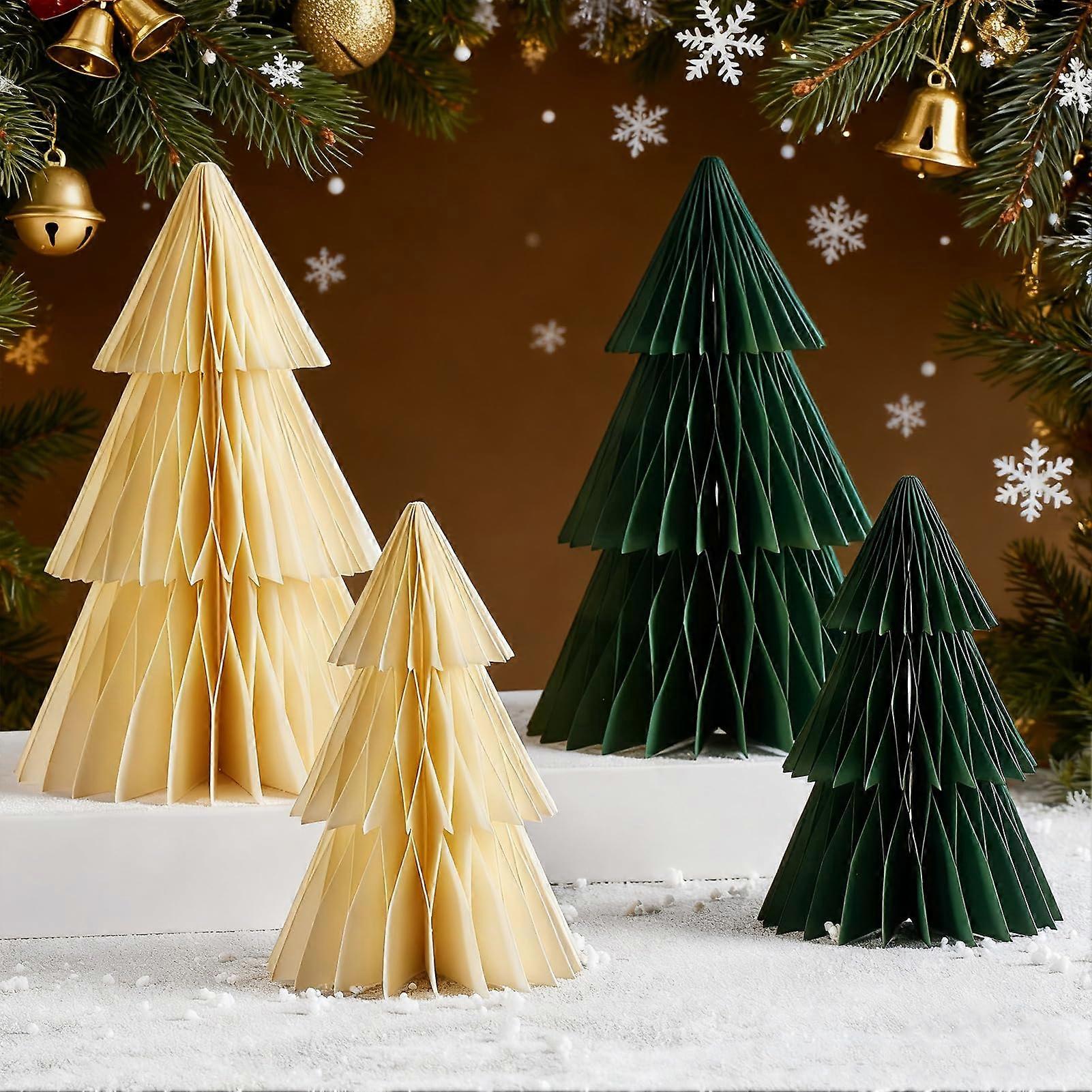 Paper Christmas Trees Set of 4 with Magnetic Closure, 3D Honeycomb Xmas Table Centerpiece Decor White and Green