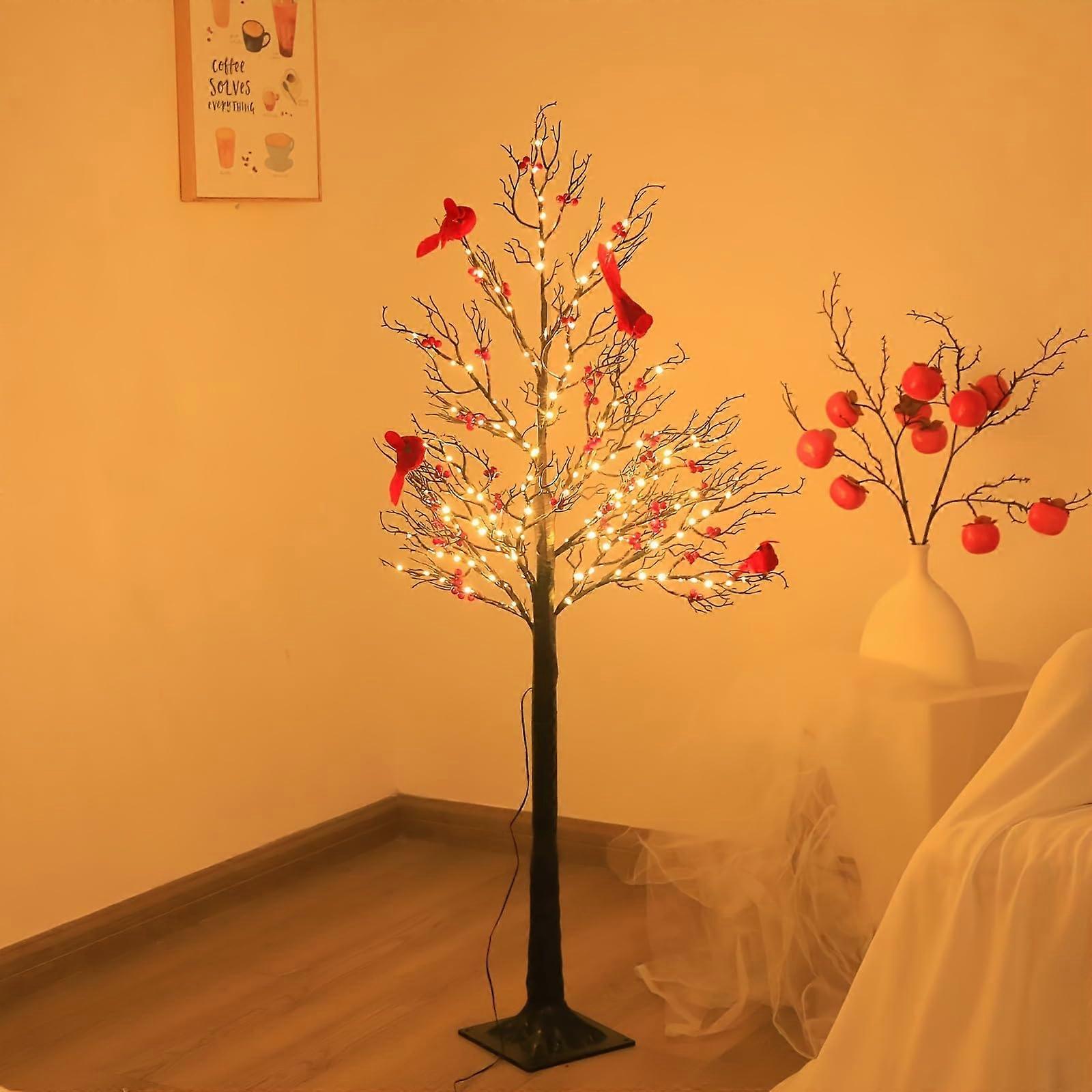 Vintage LED Christmas Tree with Cardinals, Warm Light Tabletop Decor, 48in Artificial Red Bird Tree