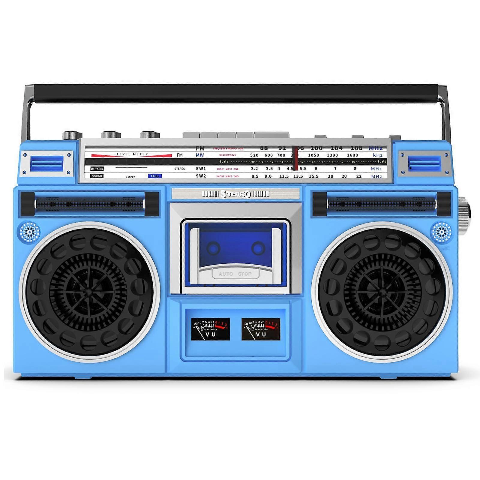 Vintage Boombox AM/FM Radio CD Player Cassette Recorder USB/SD Input BuiltIn Speakers Headphone Jack Blue 80s Style