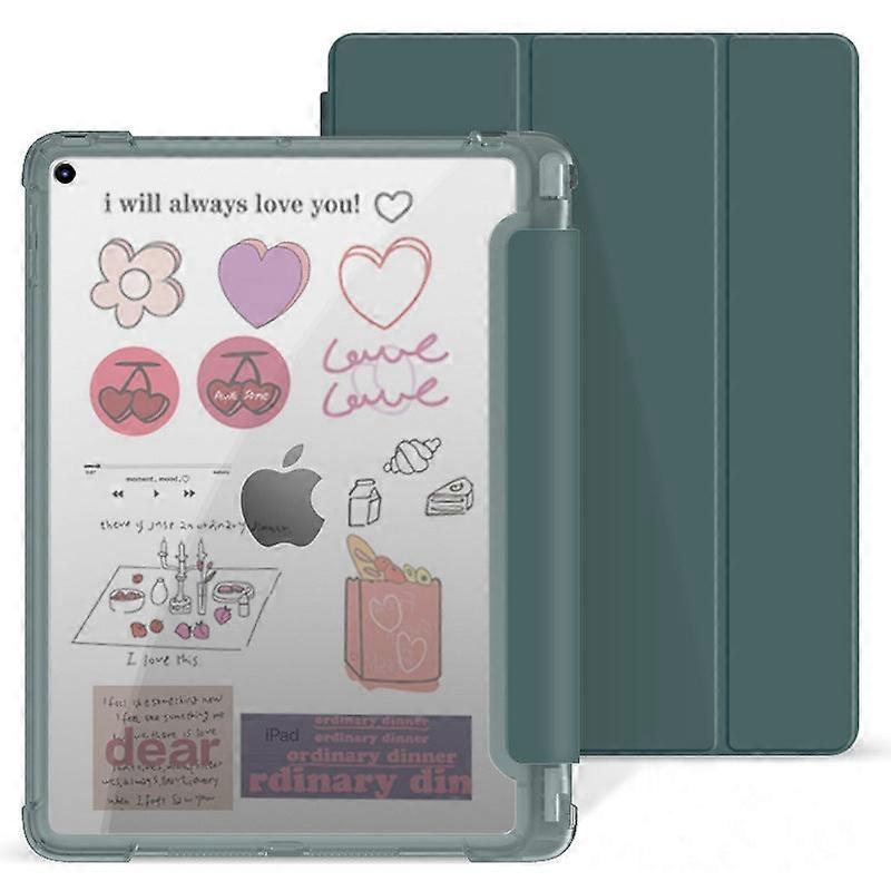 Capa elegante para iPad de 10,9" (10 polegadas) com compartimento transparente para caneta, verde escuro.