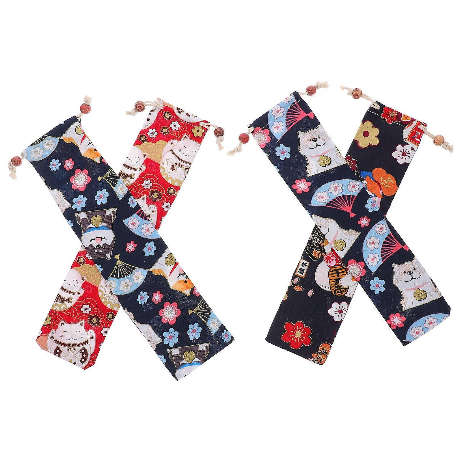 Drawstring Carrying Bag for Tableware Assorted Color Cotton Linen Storage 4Pcs