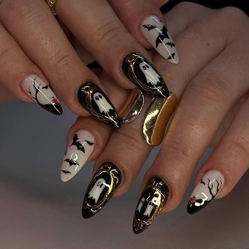 Halloween Press On Nails with Ghost Bat Pattern, Medium Almond Shape, Reusable Acrylic Nail Set, 24pcs