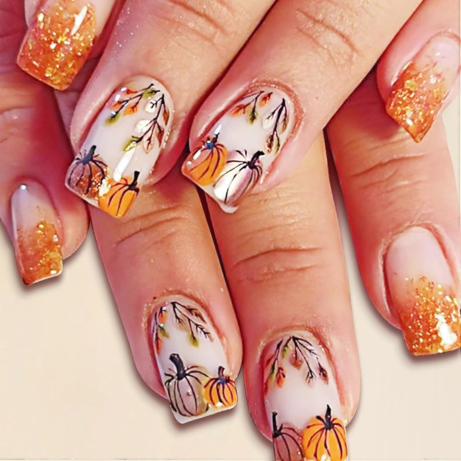 Fall Press On Nails Set 24 Pcs Medium Square Fake Nails with Orange Pumpkin Design Reusable Manicure Kit