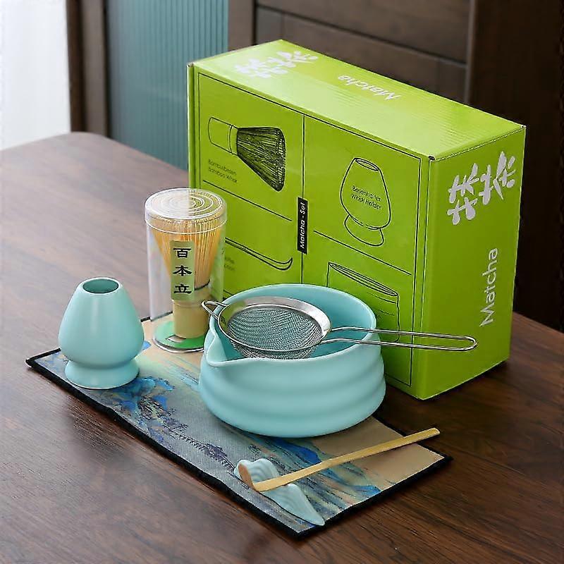 Matcha Tea Set 7pcs Celadon Blue Complete Ceramic and Bamboo Japanese Tea Ceremony Kit