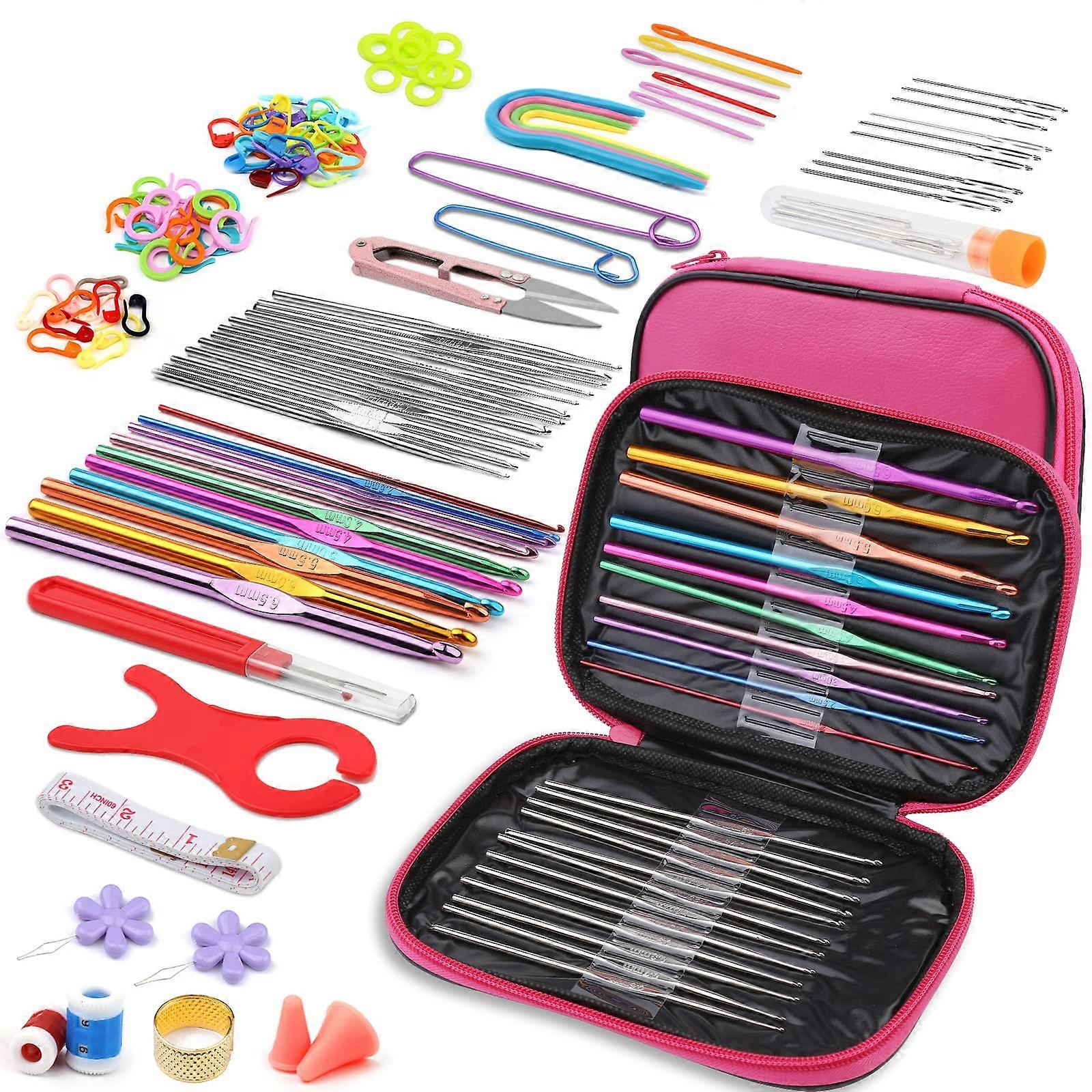 110 Pcs Ergonomic Crochet Hooks Set with Case, Complete Kit for Beginners, Multiple Sizes, Rose