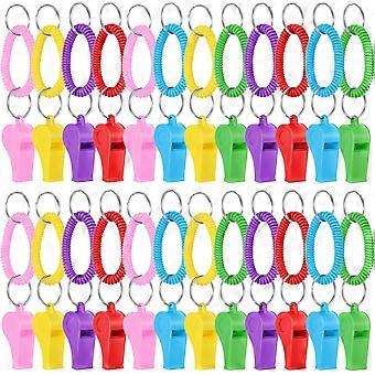 48 Pcs Sport Whistle with Bracelet, 6 Colors Loud Plastic Whistles with Stretchable Coil Wrist Keychain Ring for Coaches, Referees, Emergency Trainin