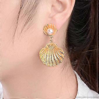 Orecchini pendenti in conchiglia di perle Boho, orecchini vintage a forma di conchiglia di perle, orecchini da spiaggia estivi in oro