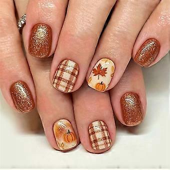 Brown Press On Nail Fall Halloween Short Square Glitters False Nail With Plaids Pattern, Pumpkin Maple Leaf Art for Holiday Party Multicolor