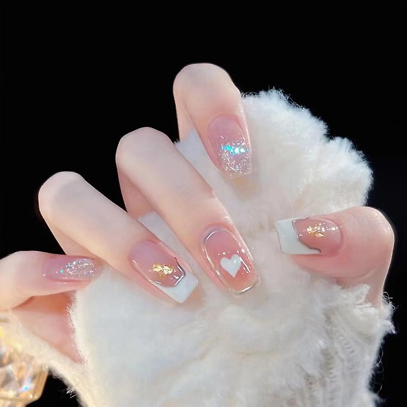Pink White Heart Pattern Artificial Nails Sweet & Charming Reusable False Nails