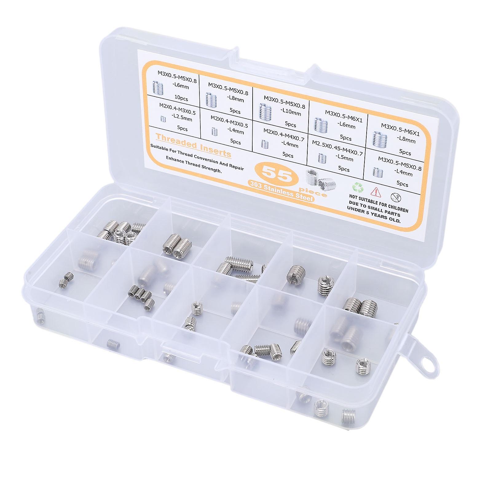 55Pcs Sett inn mutter gjenget M2 M2.5 M3 Rustfritt stål festesortiment for reparasjon 