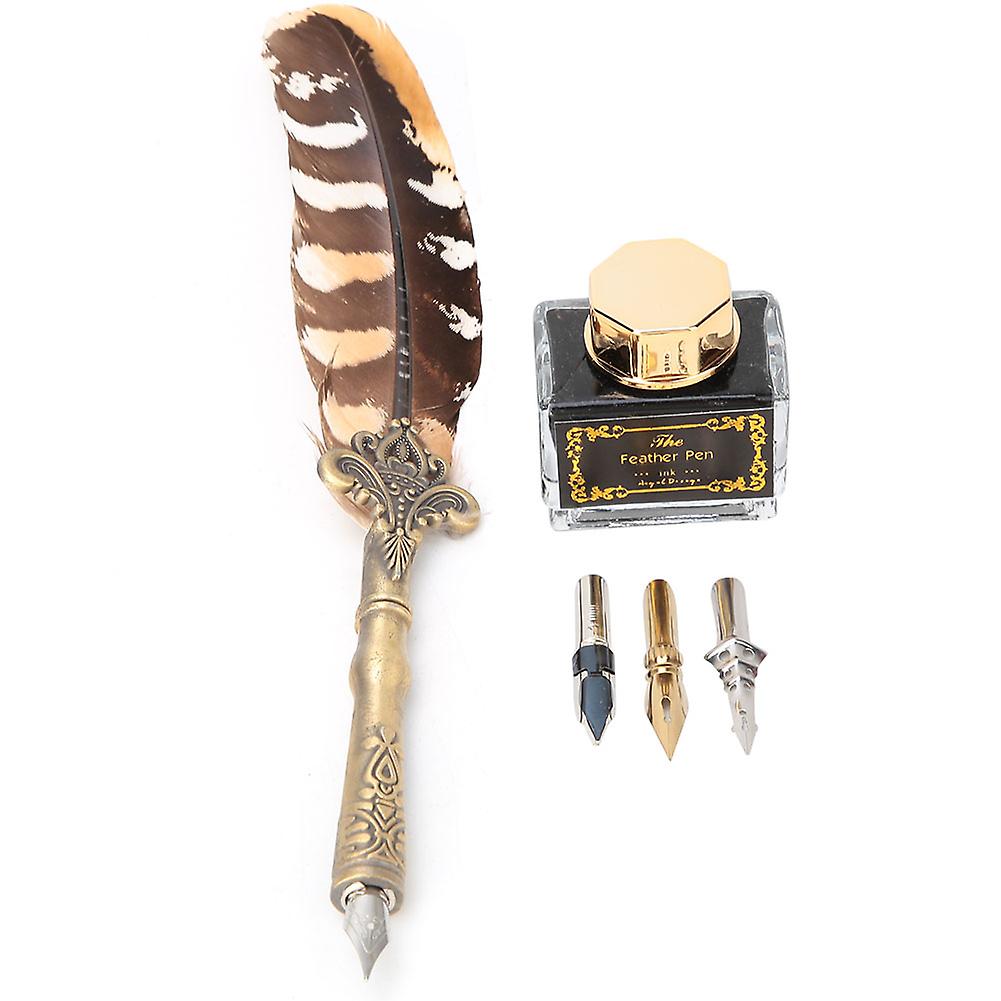 Vintage Feather Pen Fountain Pens With Empty Ink Bottle 3 Nibs Set Stationery Gift