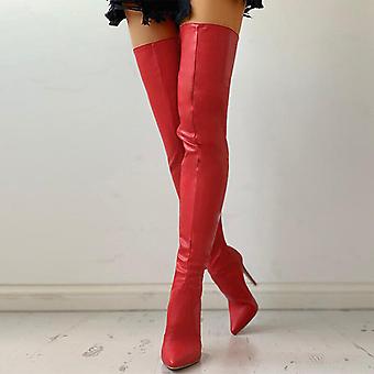 Red Women's Zippers Sexy Pointed Stiletto Heel Stretching Knee-high Boots Pumps