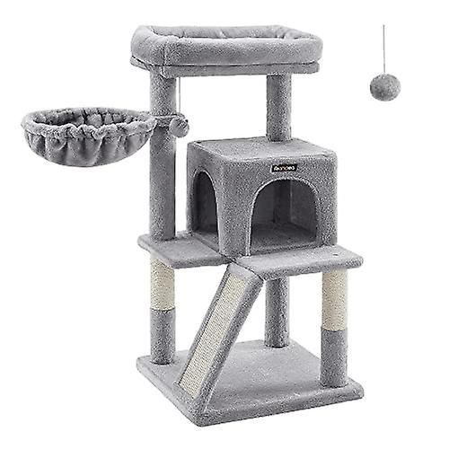 Spacious cat tree with scratching ramp and 2-door cave