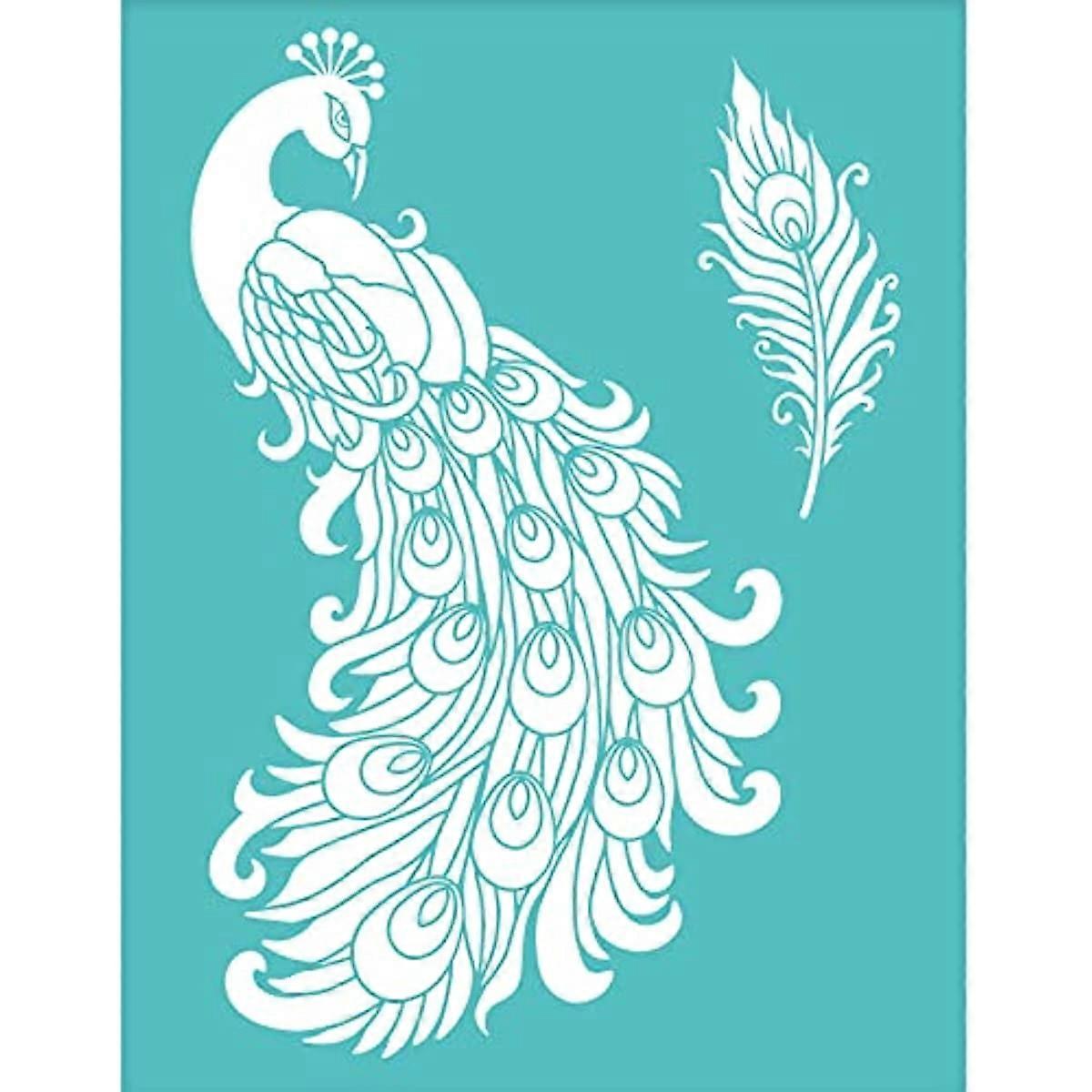 2Pcs Peacock Stencil Self-Adhesive Silk Screen Printing Stencil Reusable Feather Mesh Stencil