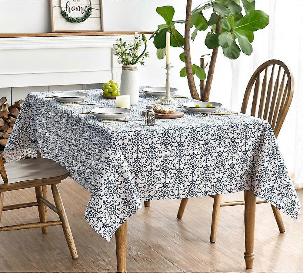 Cotton Rectangular Tablecloth 6084 Inch, Floral Flower Vintage Navy Damask Pattern Washable Table Cover for Party Picnic Dinner Decor