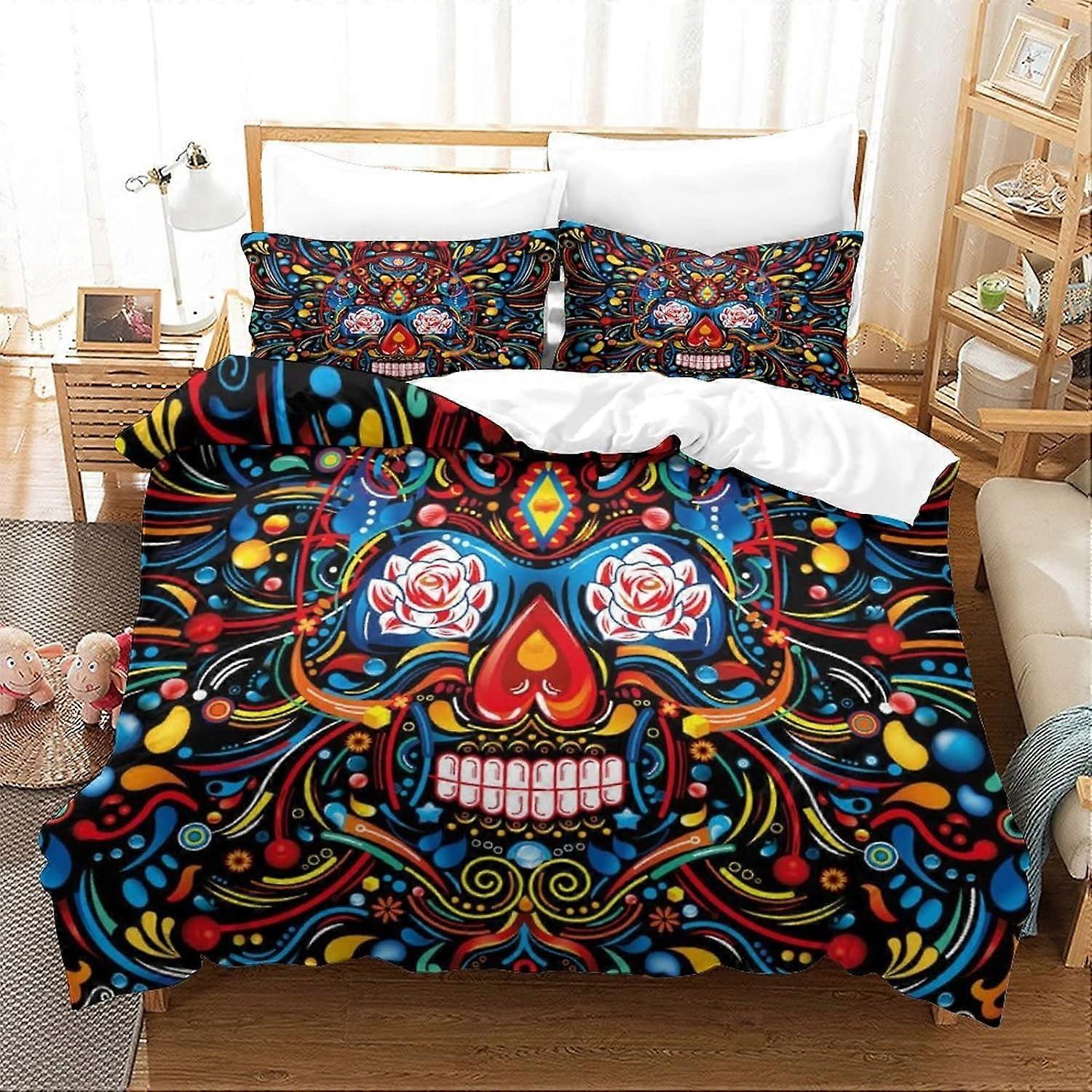 Skeleton Duvet Cover Gothic D Print Microfiber with Zipper, with Pillowcases Hypoallergenic Bedding Set King Pieces