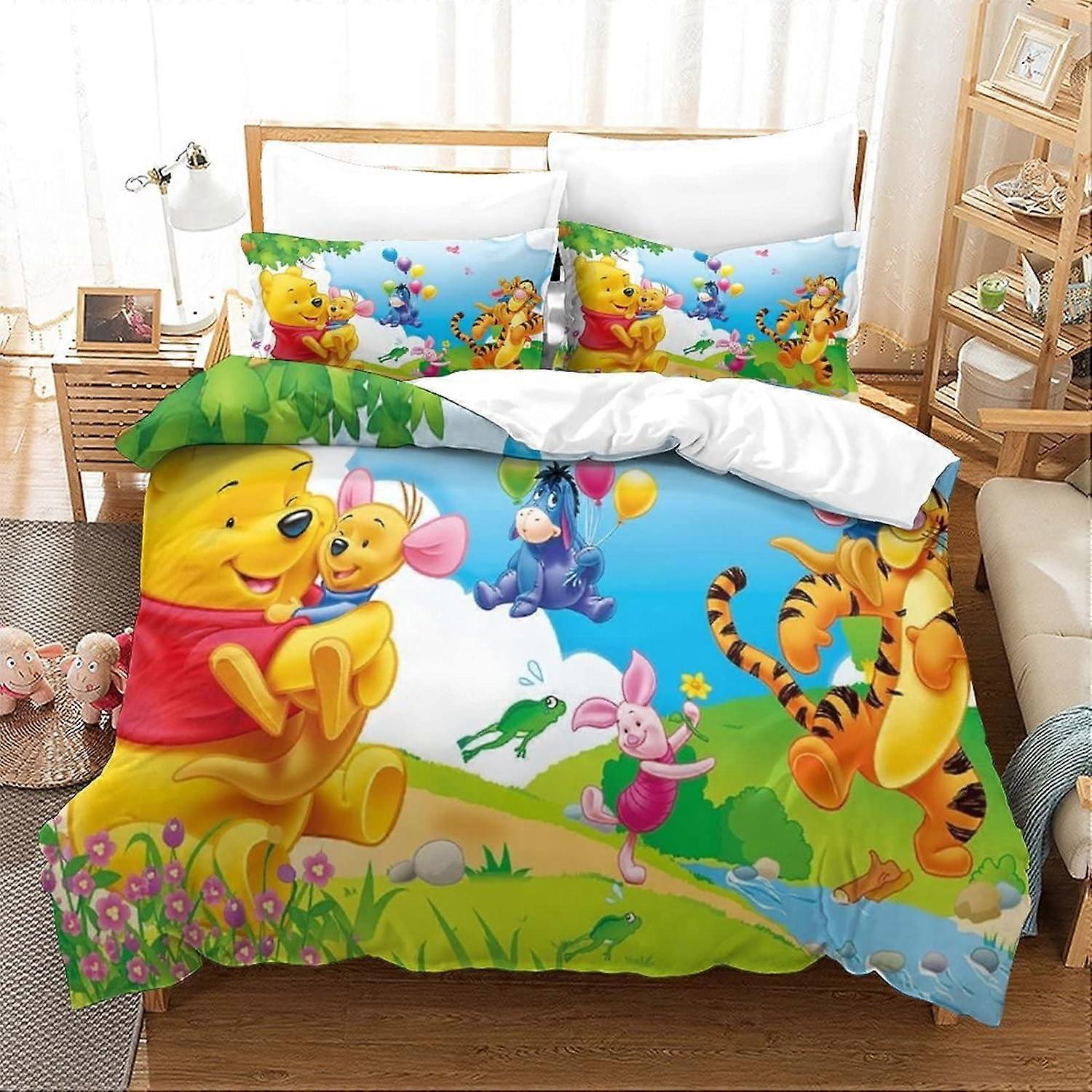 Winnie the Pooh Duvet Cover Animated Characters Printed Pattern Soft Microfiber Bedding Set with Zipper Closure Kids Teens Adult Single