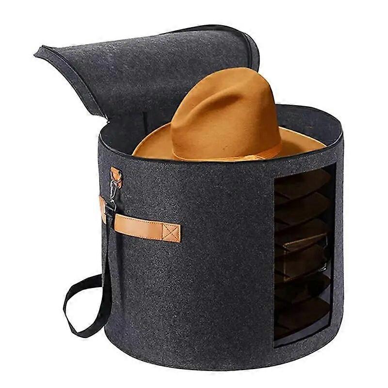 Dustproof Hat Storage Box With Zippered Lid Clear Window Adjustable Shoulder Strap Felt Round Pop Up Box For Hat Clothes