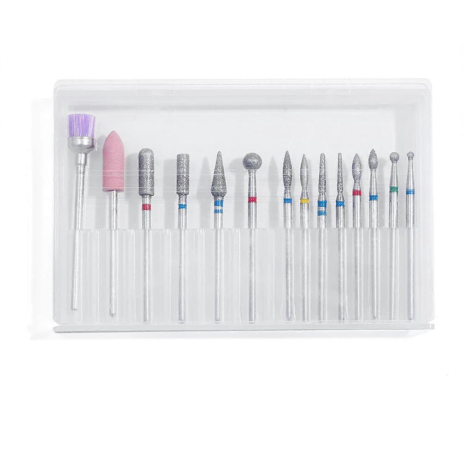 14pcs Diamond Nail Drill Bits Set Sanding Polishing Removing for Acrylic Gel Nails Cuticle Remover Manicure Pedicure Tool with Plastic Storage Case