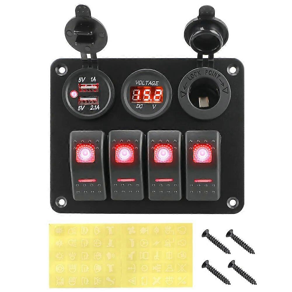 LED Rocker Switch Panel 4 Gang Circuit Breaker Digital Voltmeter Dual USB Port DC 12V/24V for Car RV Camper Caravans