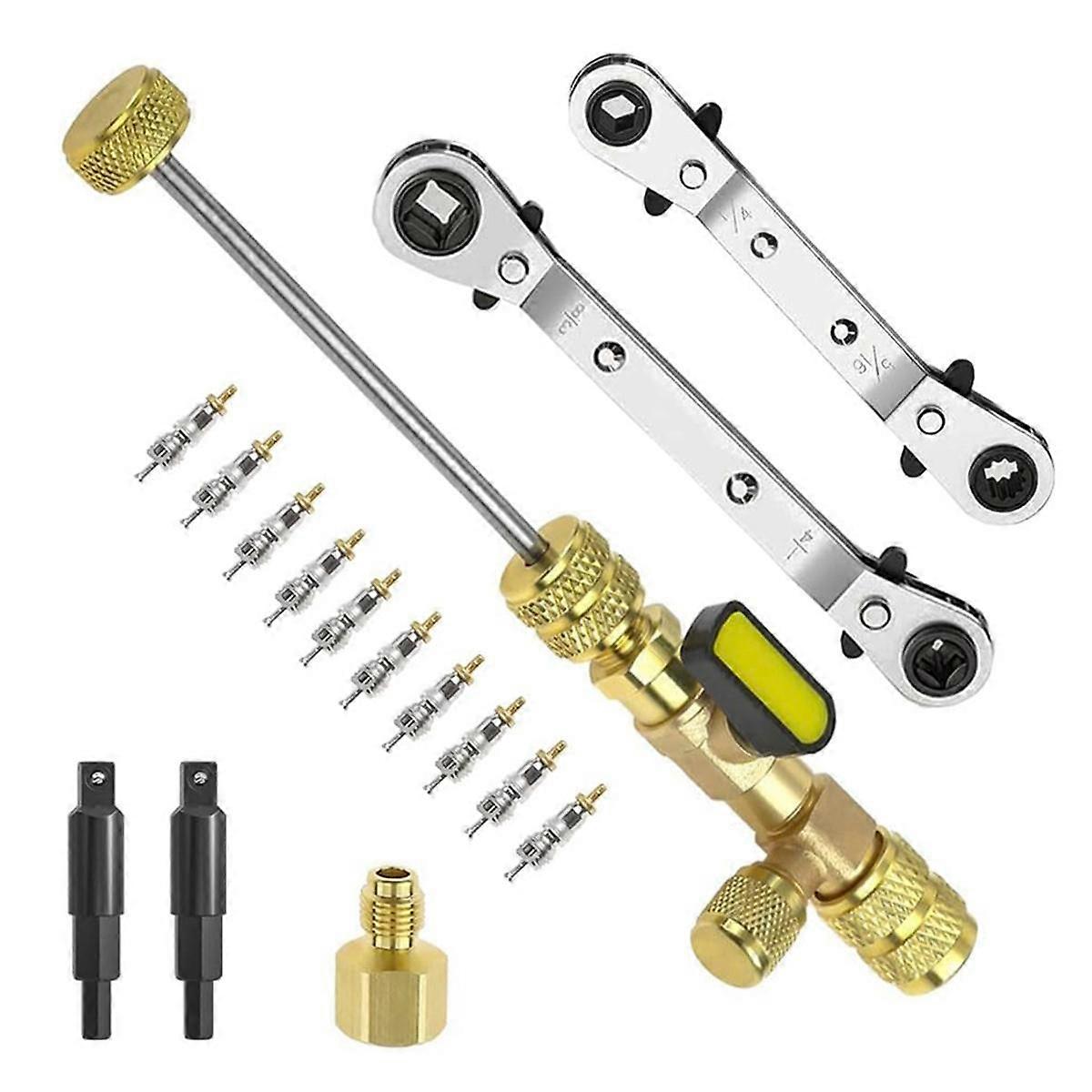 Valve Core Remover Installer Tool&HVAC Service Wrench Set, Refrigeration Wrench with Bit Adapters,1