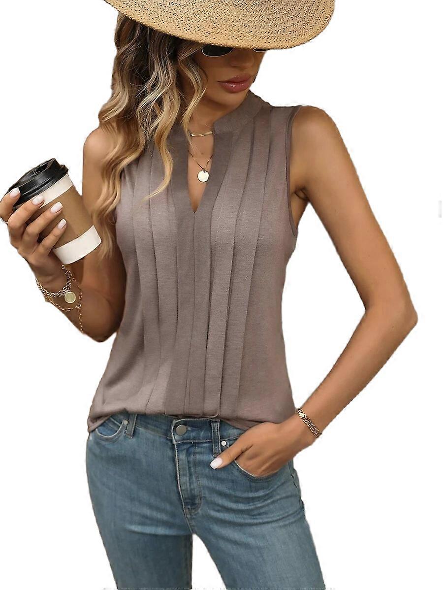 Solid Notched Neck Pleated Tank Top Elegant Sleeveless Tank Top For Summer Women's Clothing Khaki