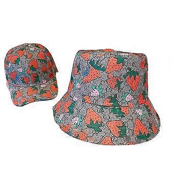 Hombres Damas Fresa Estampado Algodón Gorra de béisbol gorra de pescador Sombrero de sol de verano ajustable, conjunto de 2pcs-1gorra de béisbol, 1fisherman gorra