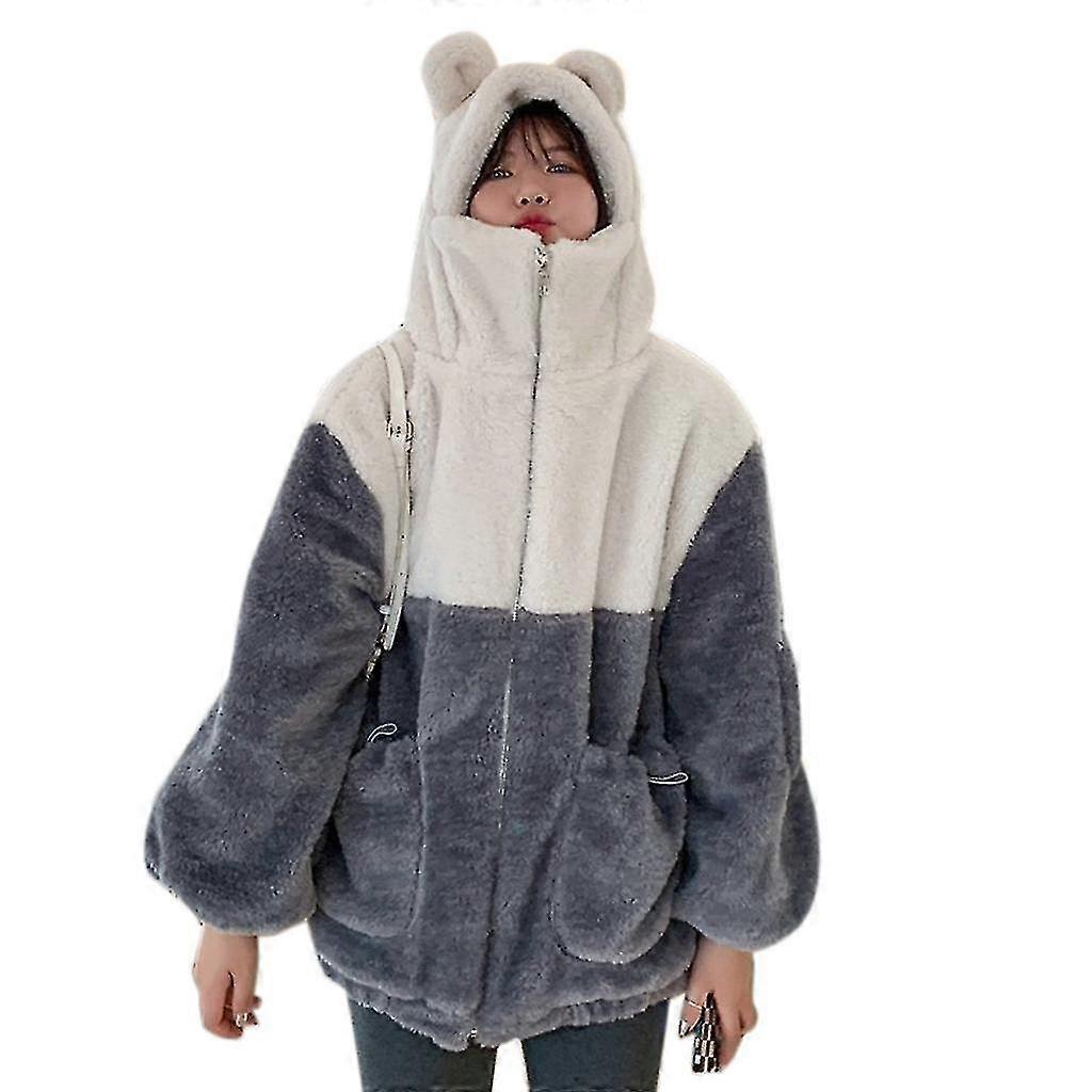 Donne Cute Bear Ears Felpe con cappuccio per giacca Finto pile Pelliccia Colorblock Zip Up Felpa