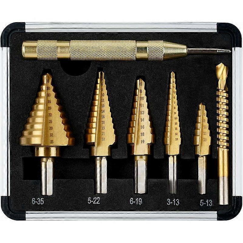 Step Drill Bit, 5PCS Titanium Countersink Drill Bit Set with Automatic Center Punch, Titanium Coated with Aluminum Housing, Double Cutting Blade