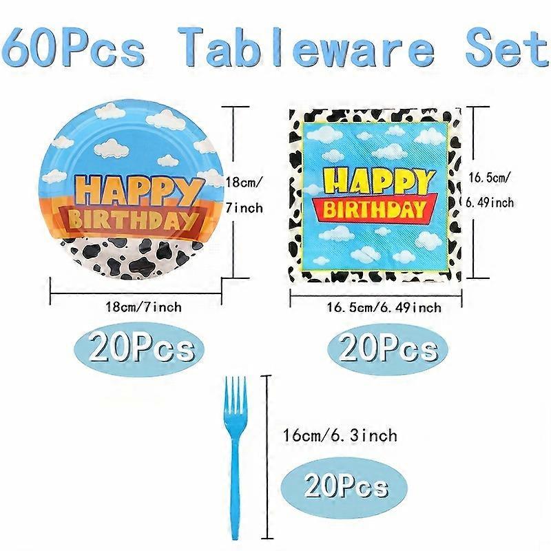 60pcs Cartoon Story Birthday Party Dinnerware Set With 7'' Cow Pattern Printed Paper Plates Luncheon Napkins And Blue Forks For White Cloud And Blue S