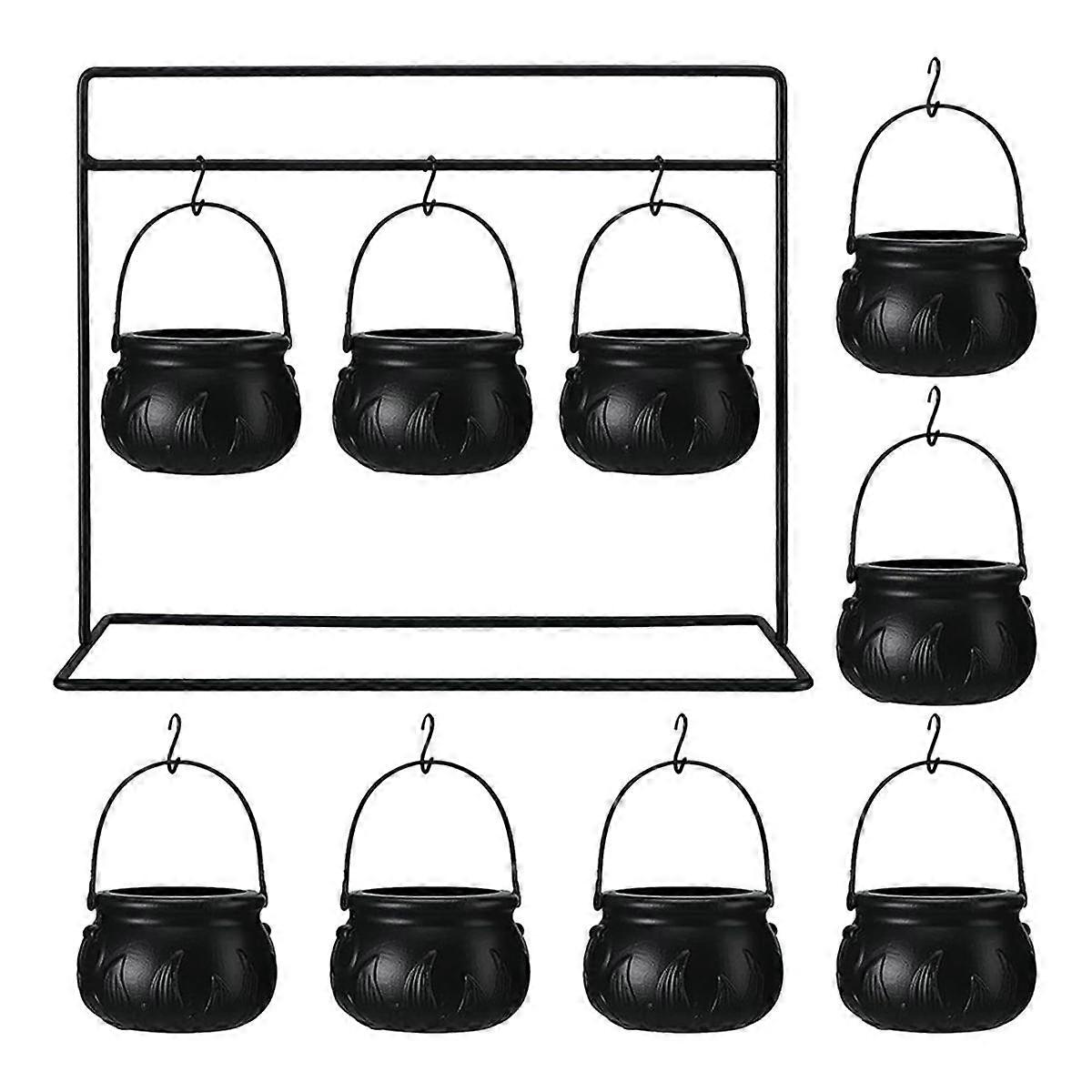 Black Witches Cauldron Candy Serving Bowls on Rack Plastic Candy Container Bucket Sets for Home Kitchen Decoration
