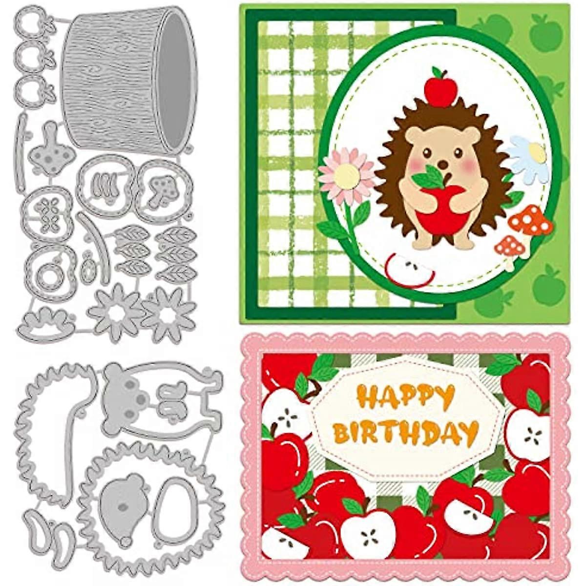 2Pcs Happy Birthday Cutting Dies Stencils Hedgehog Flower Mushroom Apple Carbon Steel Stencil Templates for Scrapbooking Card Making Embossing DIY Pap