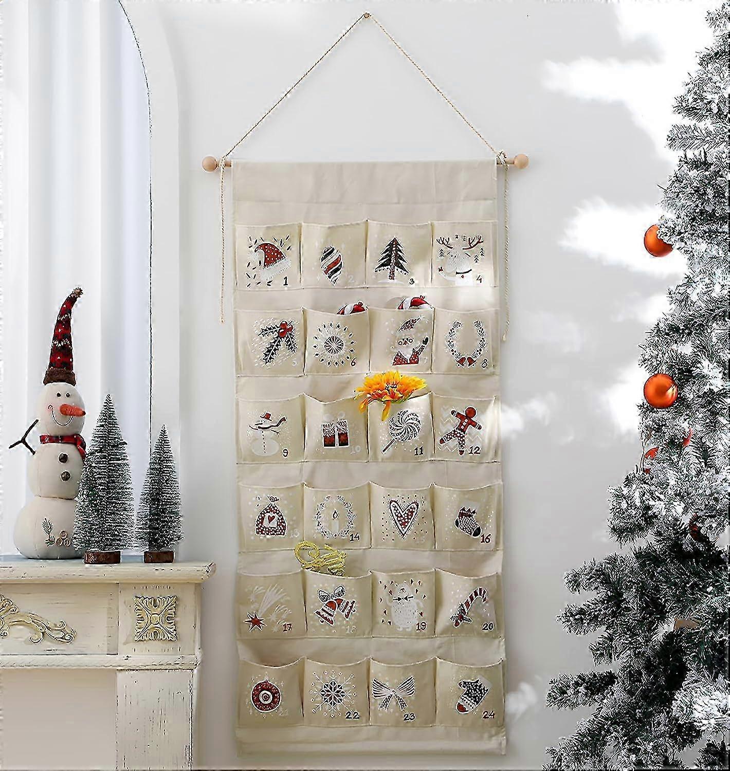 Monoblanks Fabric Christmas Advent Calendar With Pockets,reusable Natural 24 Days Countdown Advent Calendar Hanging Storage Bag For Xmas Holiday Home
