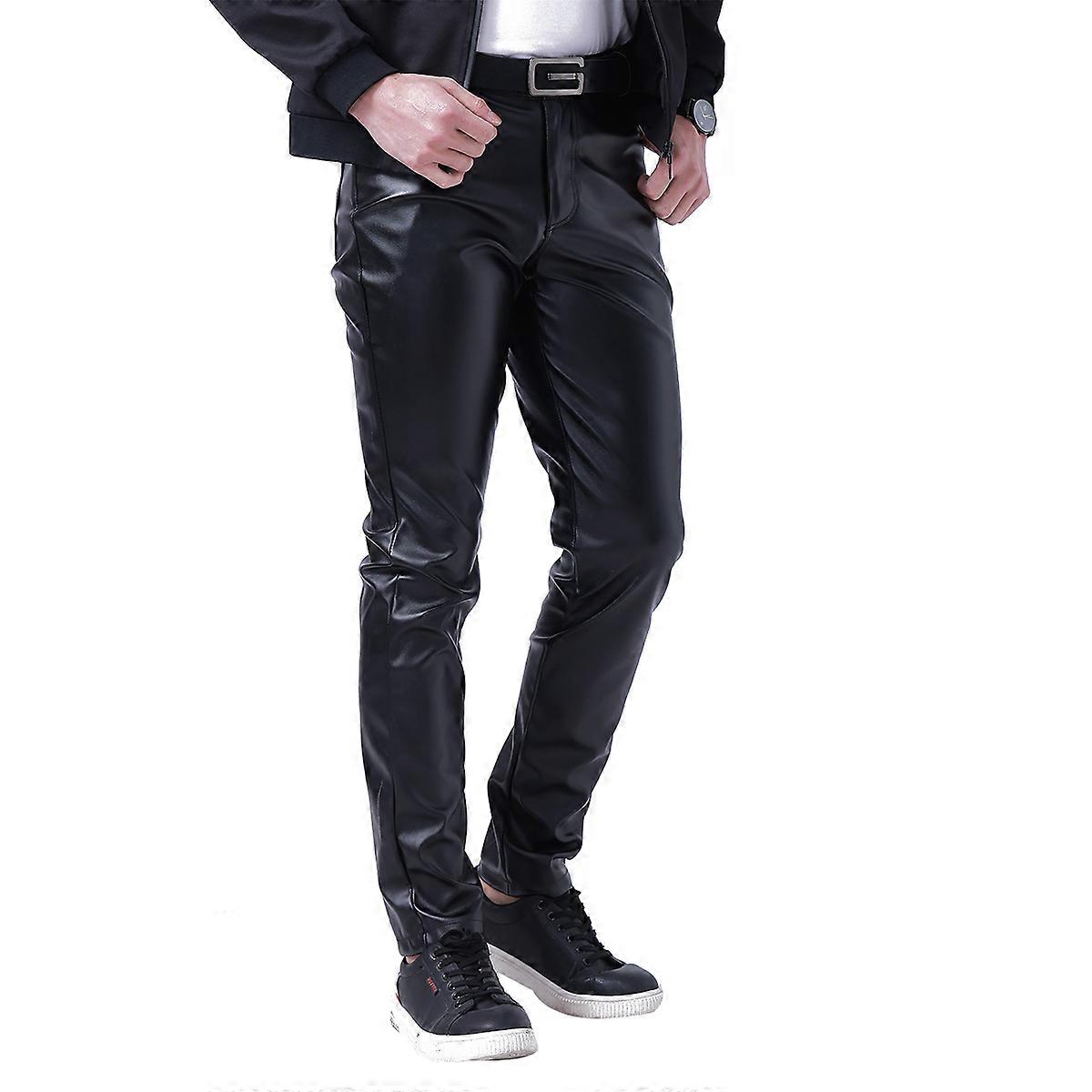Men's Spring and Summer Elastic Slim Bar Net Red Leather Pants Black