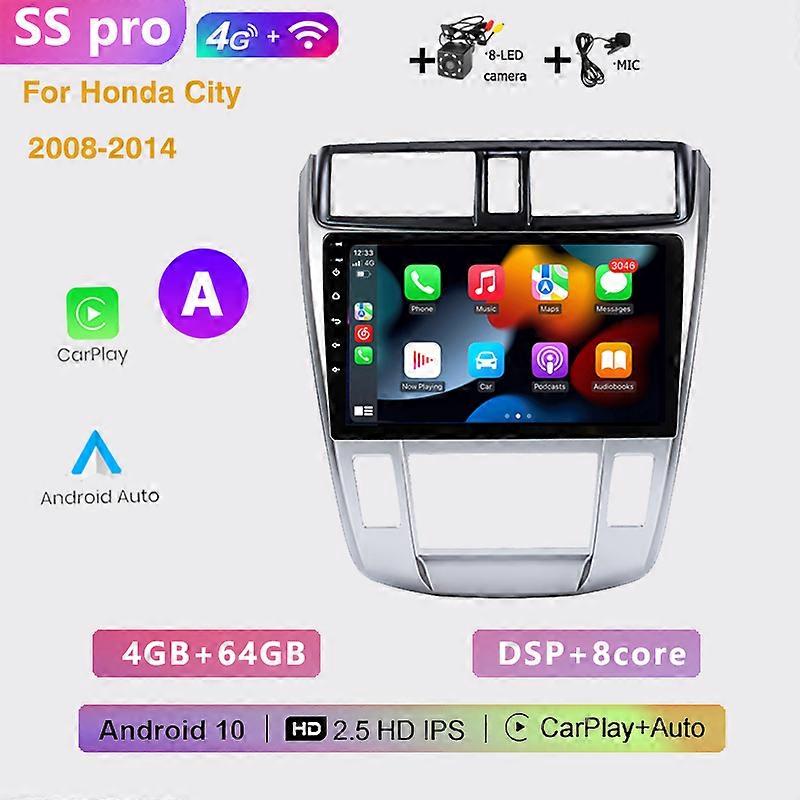 2DIN 4+64G Auto Android Car Radio multimedia player CarPlay GPS navigation RDS DSP for Honda City 2008 2009 2010 2011-2016 2014