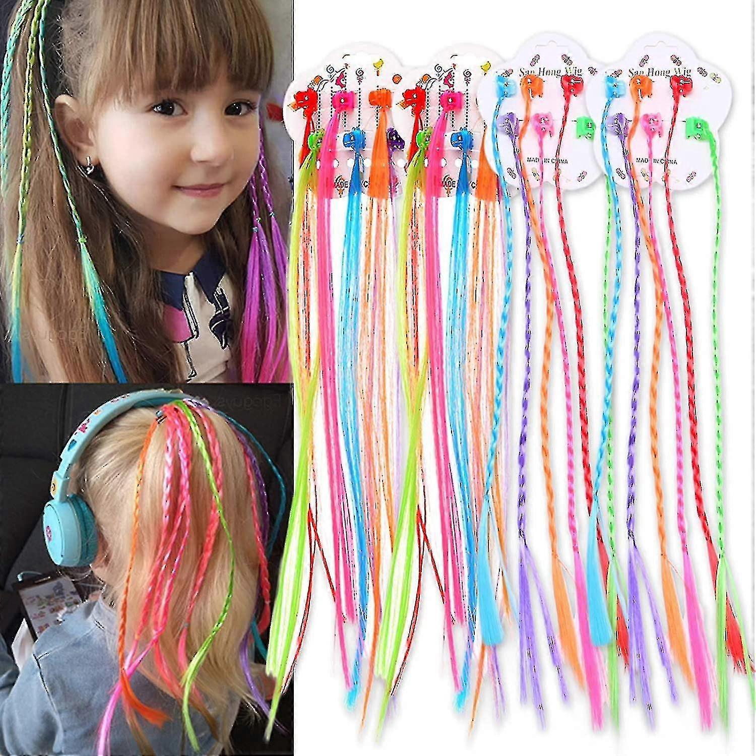 Ensemble d’extensions de cheveux pour enfants avec pinces à cheveux, 24pcs Extensions de tresse de cheveux au néon clip-on
