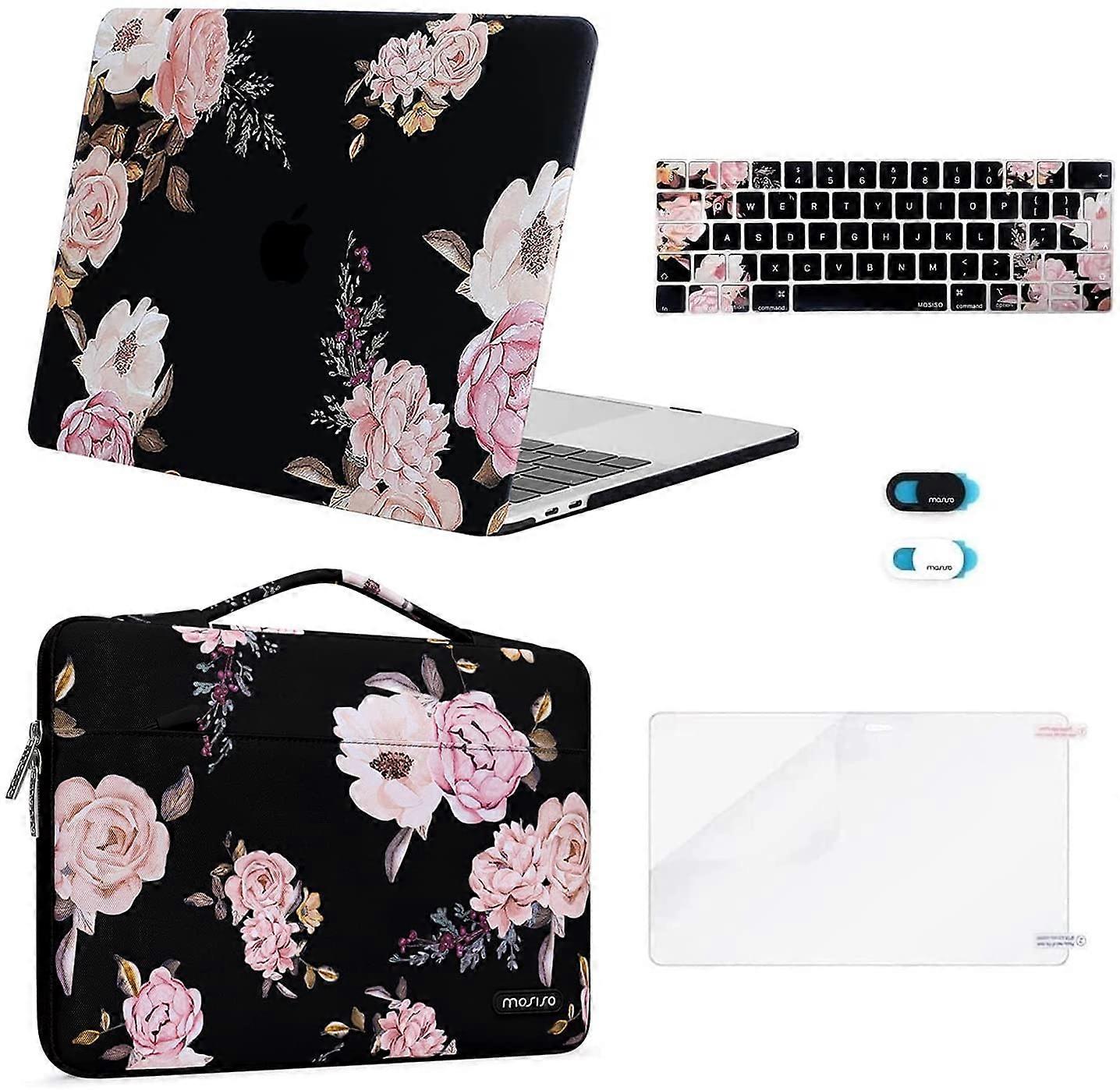 Black  Compatible with MacBook Pro 13 inch Case 2016-2020 Release A2338 M1 A2289 A2251 A2159 A1989 A1706 A1708, Plastic Peony Hard Shell&Sleeve Bag&Ke