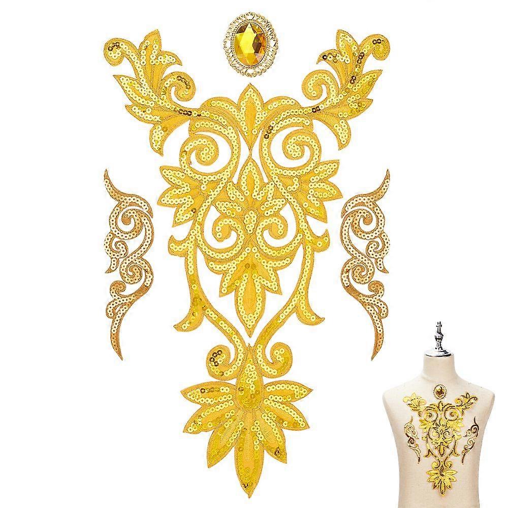 4 Pcs Mesh Embroidery Applique Set Gold Embroidery Patches with Paillettes Polyester Cloud Shape Sew on Patches with Rhinestone for Party Dress Stage 