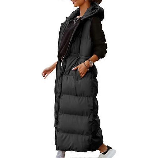 Down Vest Long Zipper Hooded Pockets Sleeveless Coldproof Solid Color Coat Jacket