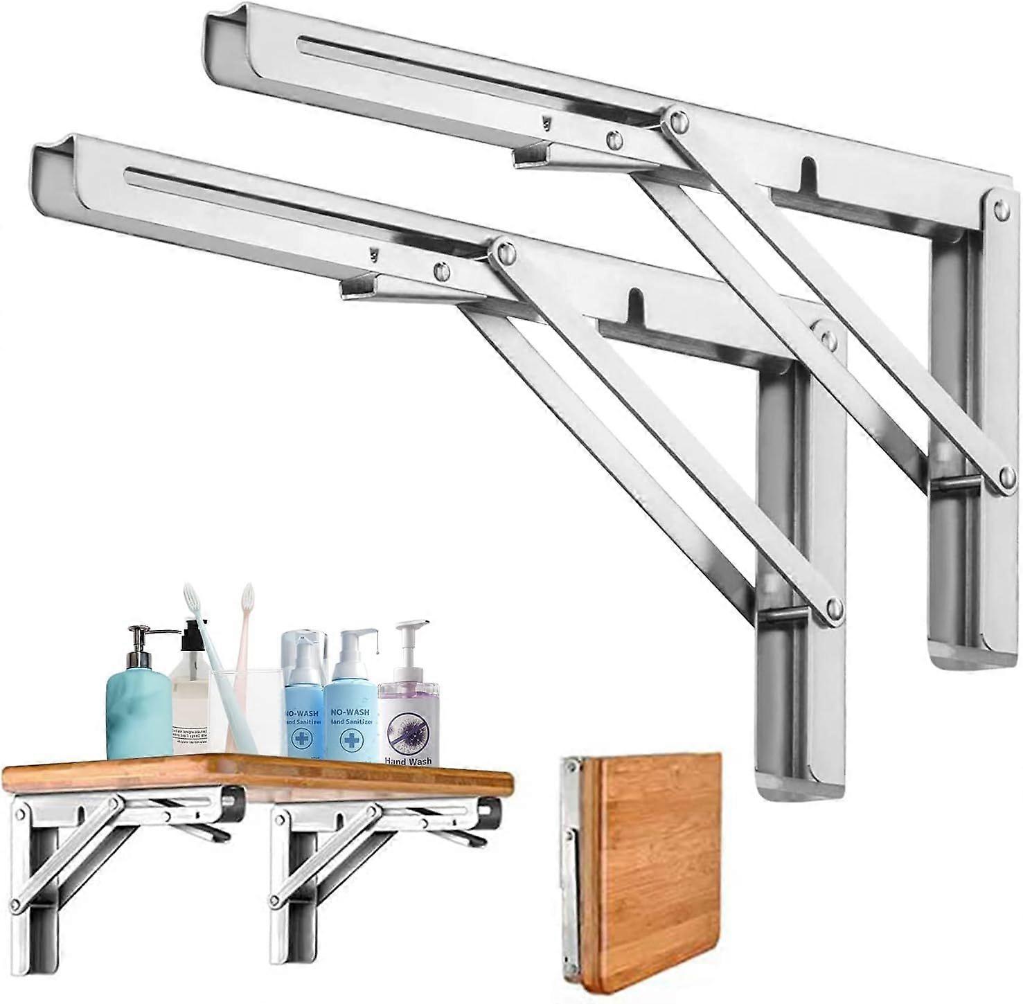 Folding Shelf Bracket 300MM, 2Pcs Stainless Steel Folding Shelf Bracket, Folding Wall Shelf Bracket with Fixing Screws for Garage, Kitchen, Garden