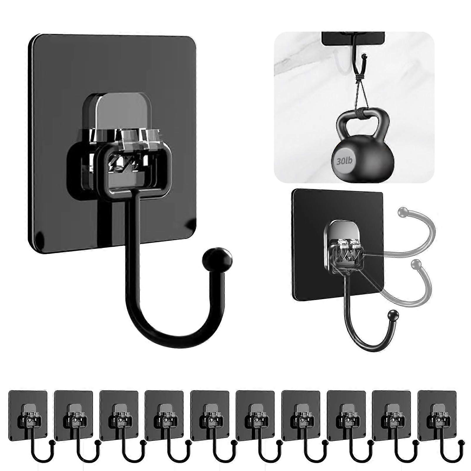 Adhesive Wall Hooks, Black, 10 Pack -, Rustproof, Holds up to 30lb