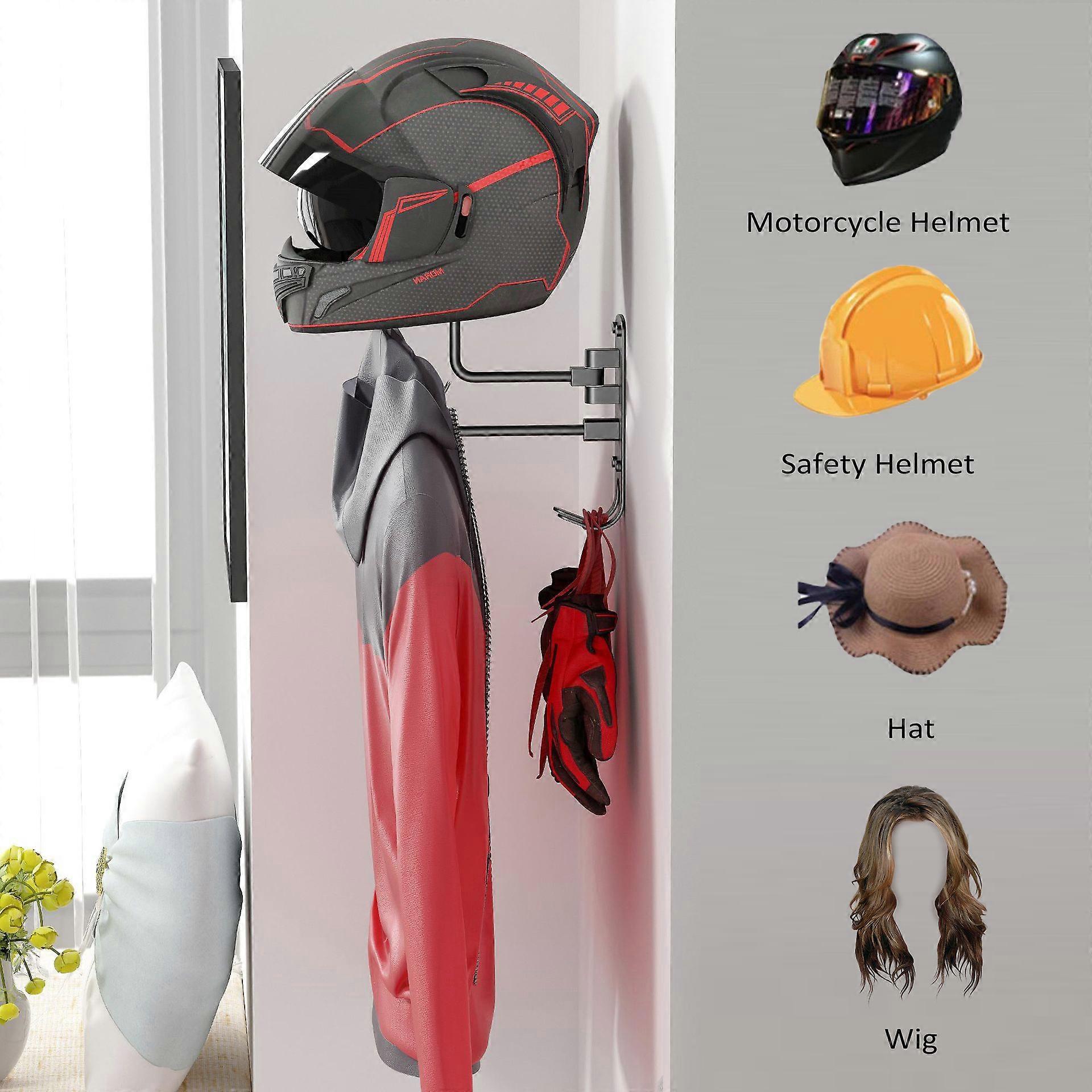 Motorcycle Helmet Rack, Wall Mount 180 Degree Rotation Helmet Holder Helmet Hanger with 2 Hooks for Coats, Caps, Hats, Motorcycle Accessories