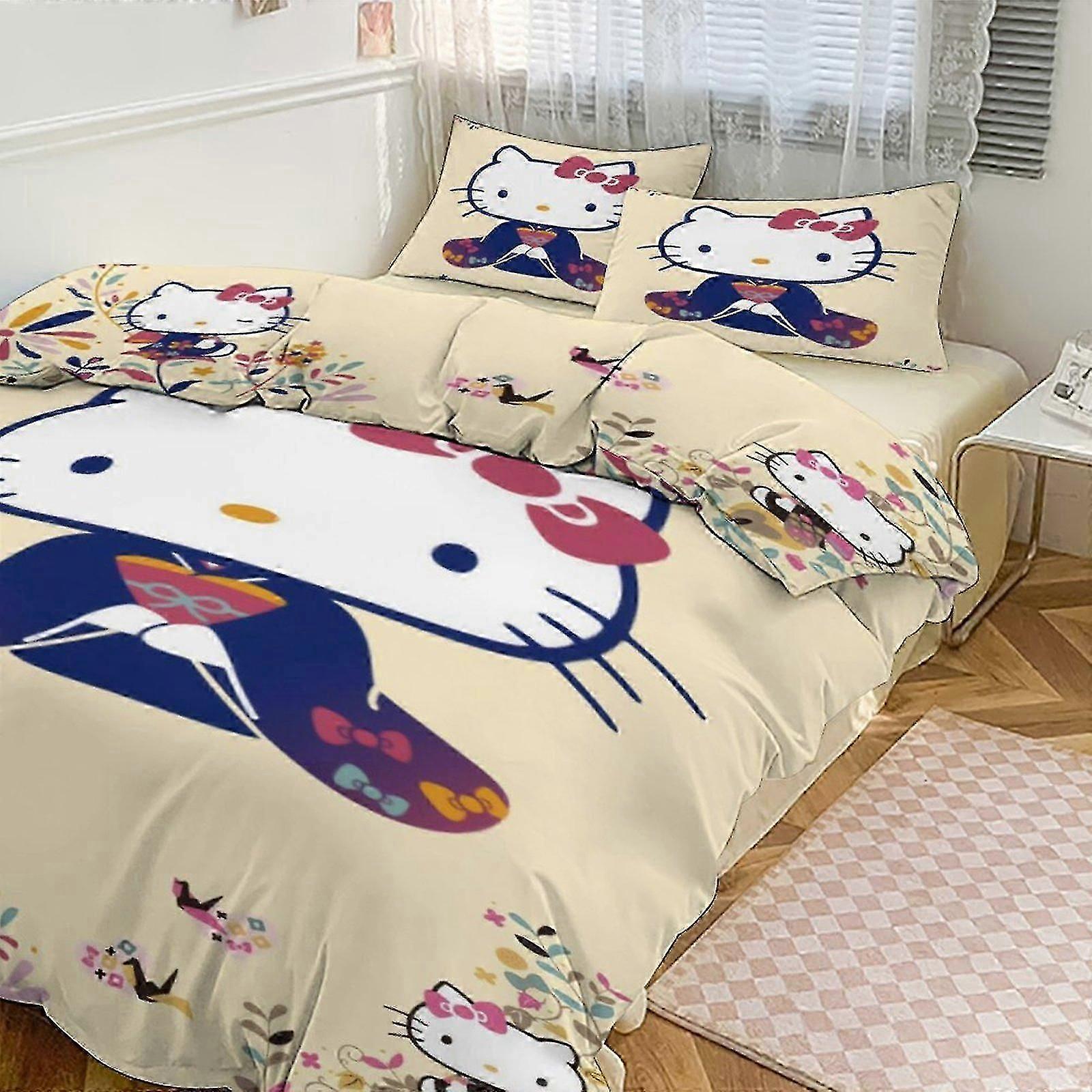 n434 Prześcieradła Hello Kitty Print Zestaw pościeli Wzór Kołdra Cove Set3 sztuki Poszewka na kołdrę i poszewki na poduszki dla kobiet Mężczyźni Nastolatki do wyboru (1 Kołdra Cov