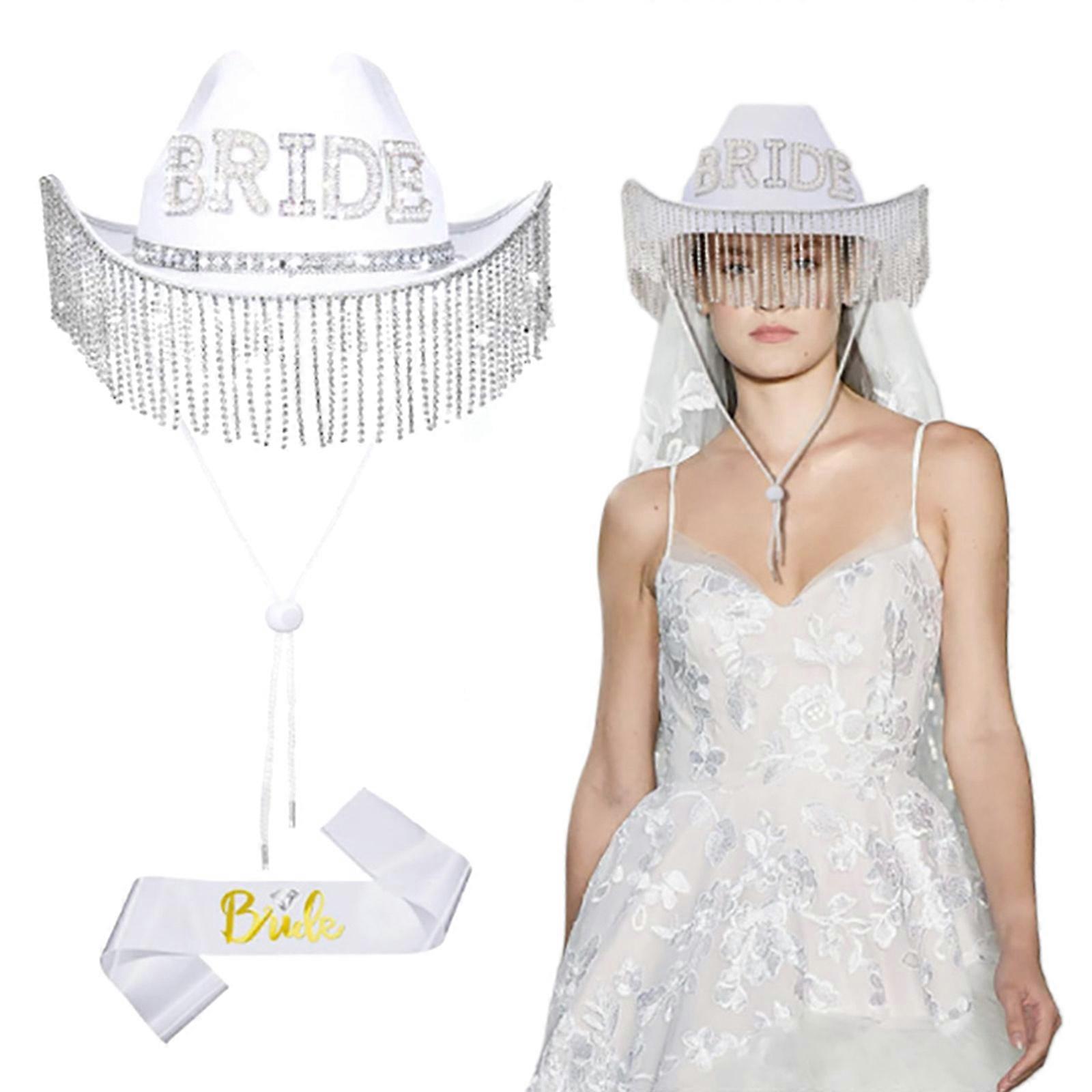 כובע בוקרת כלה עם ריינסטון שוליים ורצועת כתף כובע קיץ כובע בוקרת אישה מערבית מצחיק שמלה אביזר לבן הינומה סט 