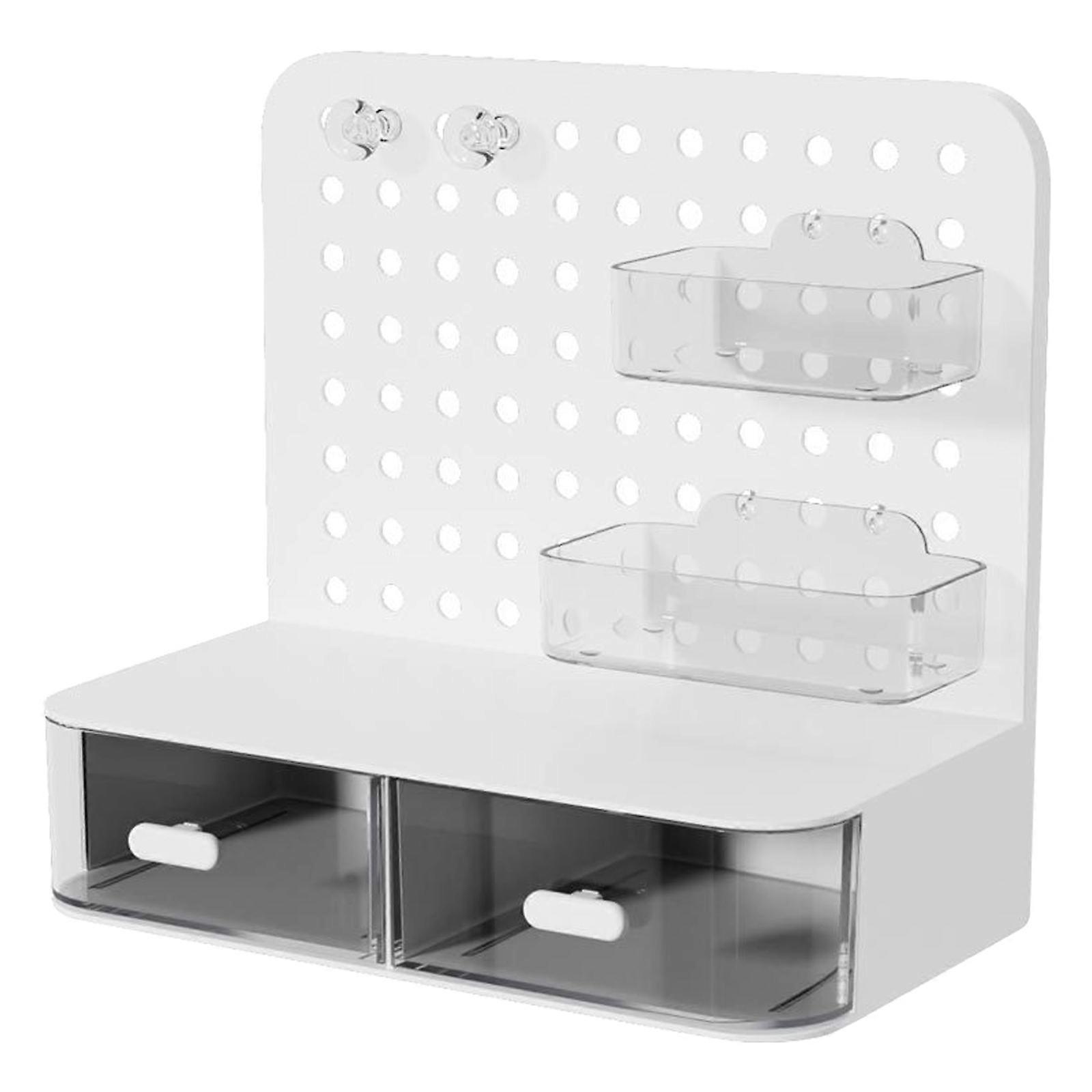 Multifunctional Pegboard Storage Rack with 2 Drawer Easy to Assemble Space Saving Desk Organizers for Kitchen Bathroom White Hole Version